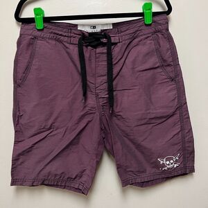 FOURSTAR Mens Swim Trunk Board Shorts 32 Red Cotton Nylon Blend Surf Beach Skull